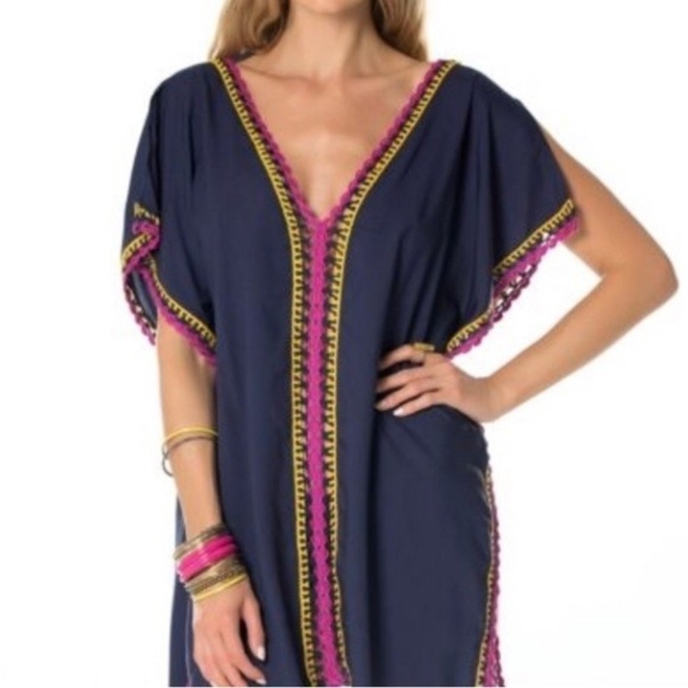 Becca by Rebecca Virtue Navy Blue Crochet Trim Tassel Swim Cover Up XS/S